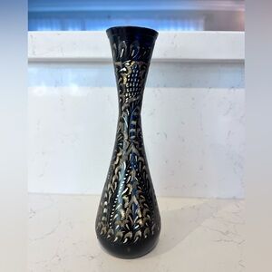 Vintage Collectible Black Gold Brass Hand Etched Indian Vase